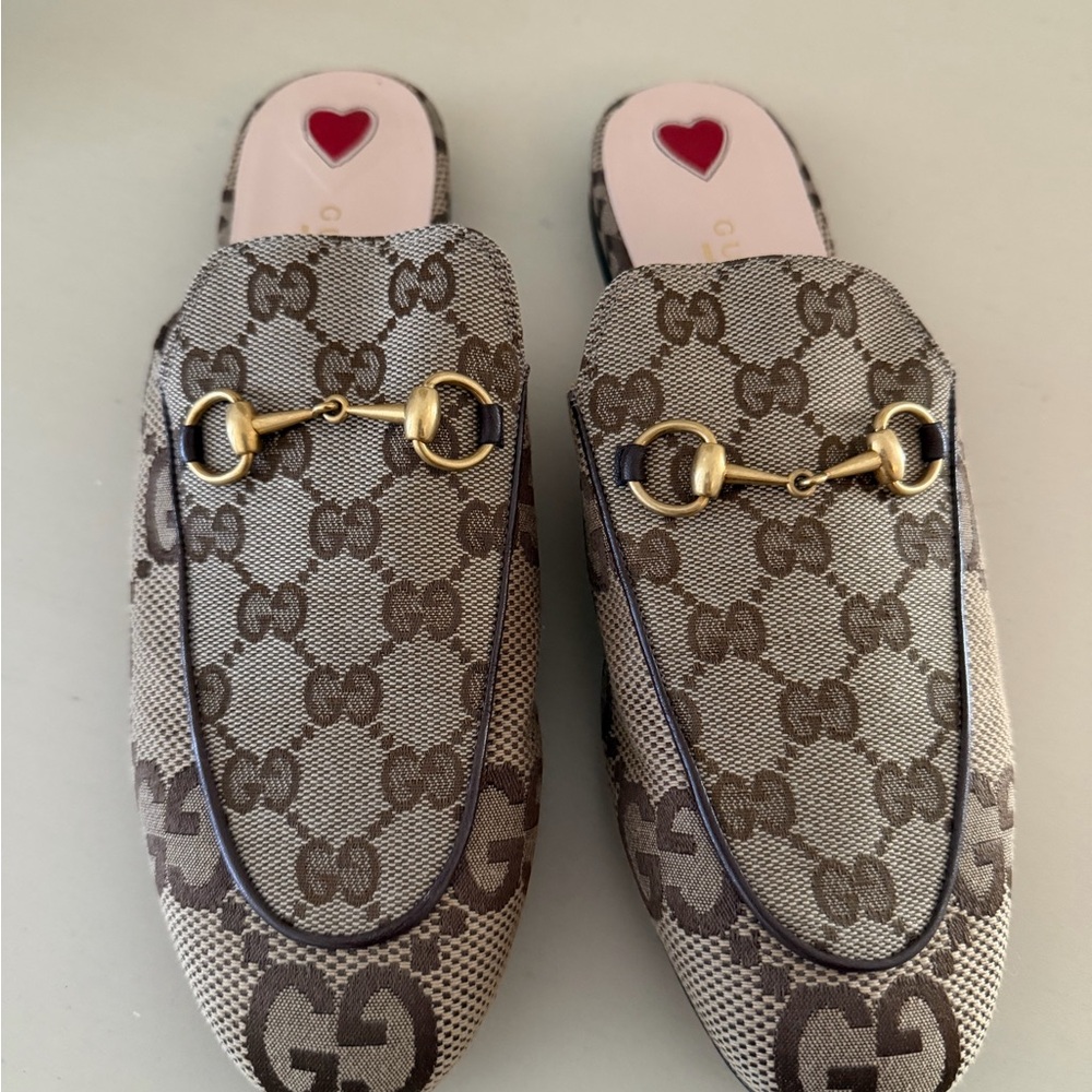 Gucci Brown & Beige GG Canvas Horsebit Slip-On Loafers - Picture 2 of 8